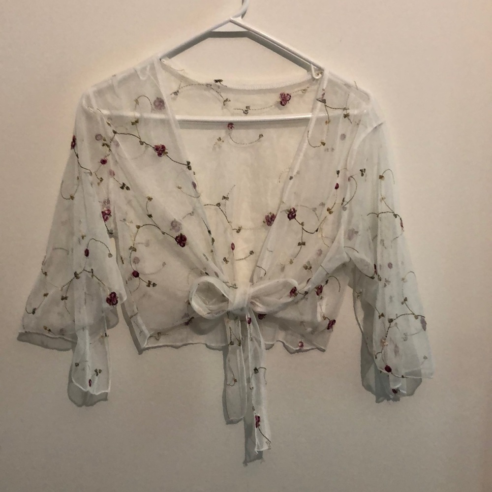 Tie front mesh floral top